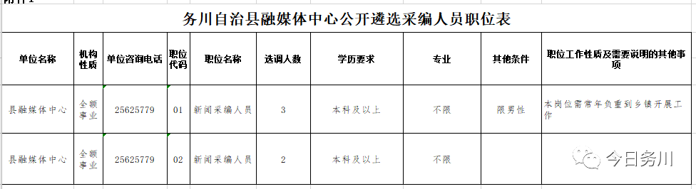 務(wù)川自治縣融媒體中心公開遴選采編人員職位表